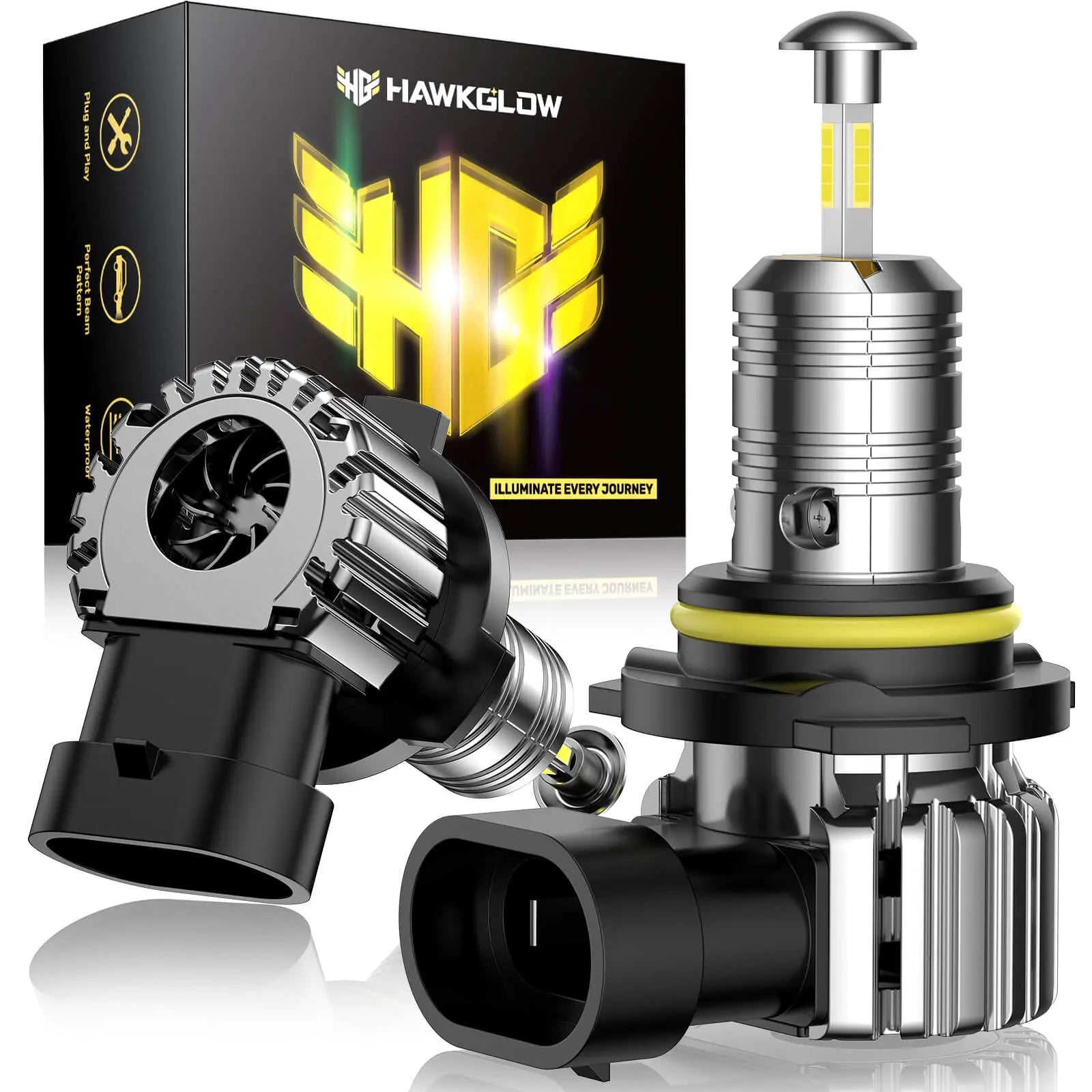 T6F 9005/HB3 9006/HB4 H11/H8/H9 H7 60W 6500K White 20000LM IP68 LED Headlight Bulbs 2 Pcs | Hawkglow 360° Full lIlumination