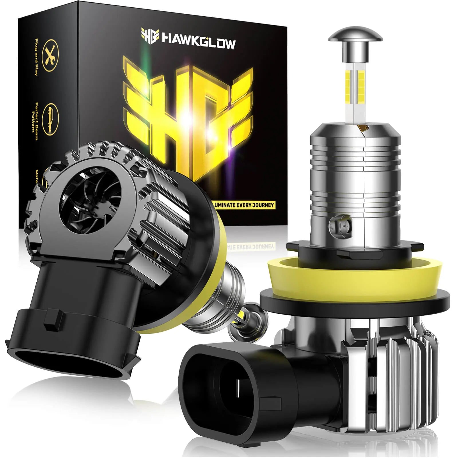 T6F 9005/HB3 9006/HB4 H11/H8/H9 H7 60W 6500K White 20000LM IP68 LED Headlight Bulbs 2 Pcs | Hawkglow 360° Full lIlumination