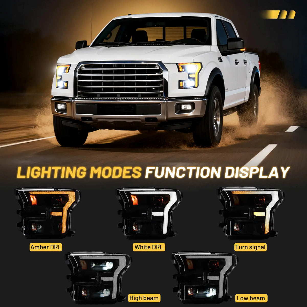 A functional display of the 5 lighting modes for the 2016 f150 headlights, showing Amber DRL, White DRL, Turn Signal, High Beam, and Low Beam.