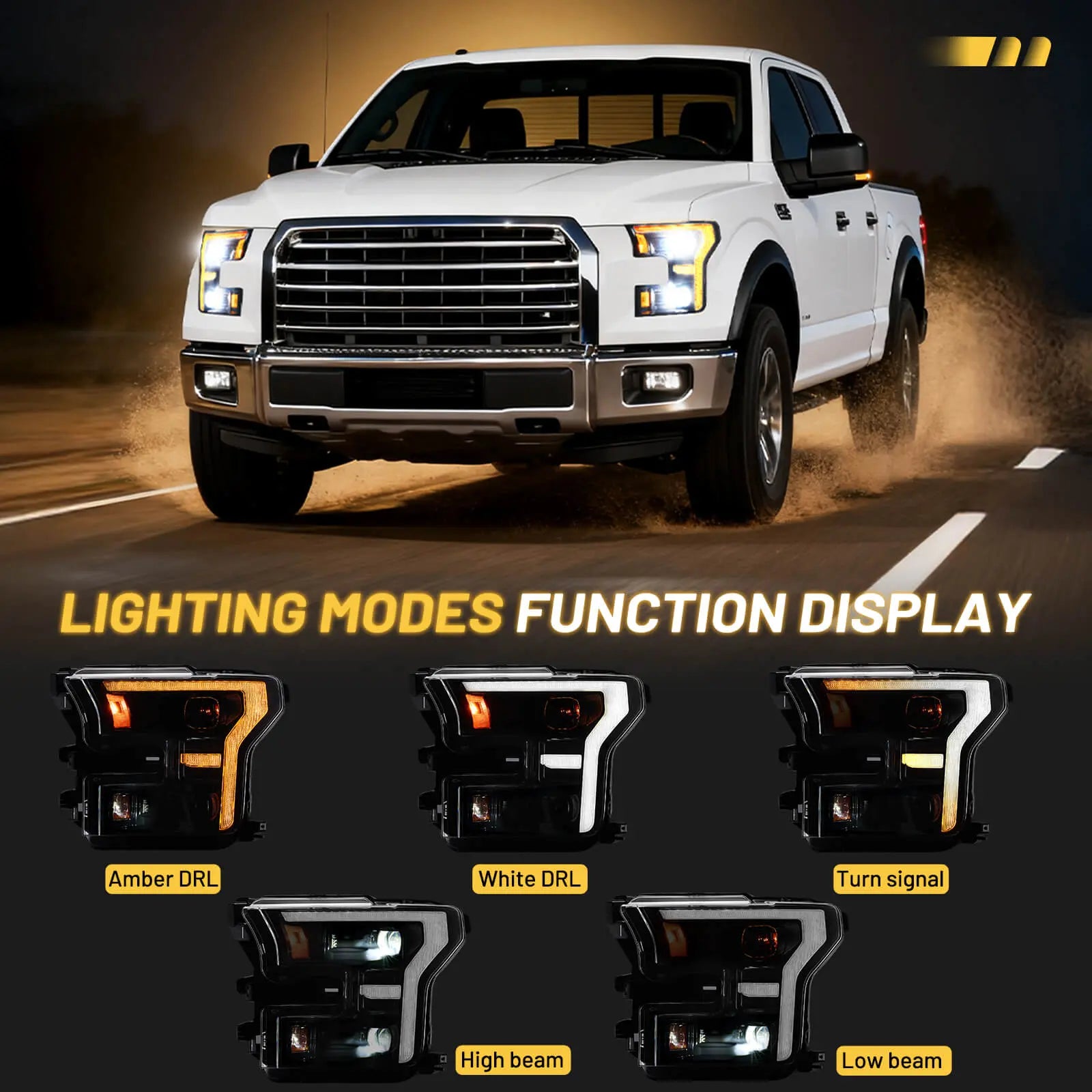 A functional display of the 5 lighting modes for the 2016 f150 headlights, showing Amber DRL, White DRL, Turn Signal, High Beam, and Low Beam.