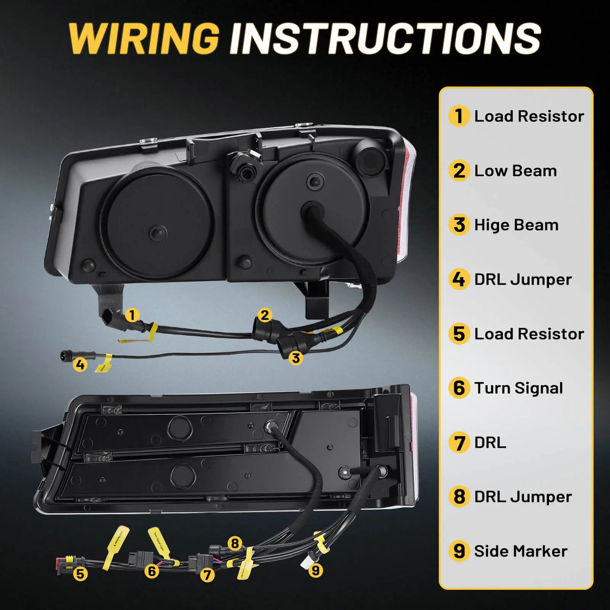 Wiring instructions for 2003 Chevy Avalanche headlights, identifying the load resistor and DRL jumper cables.