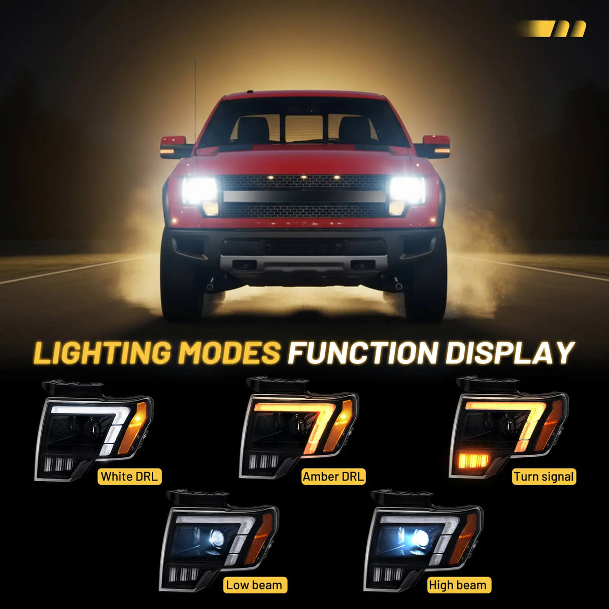 A diagram showcasing the five complete lighting functions of this 2013 ford f150 headlight assembly, including dual-color DRLs, turn signal, and high/low beams.