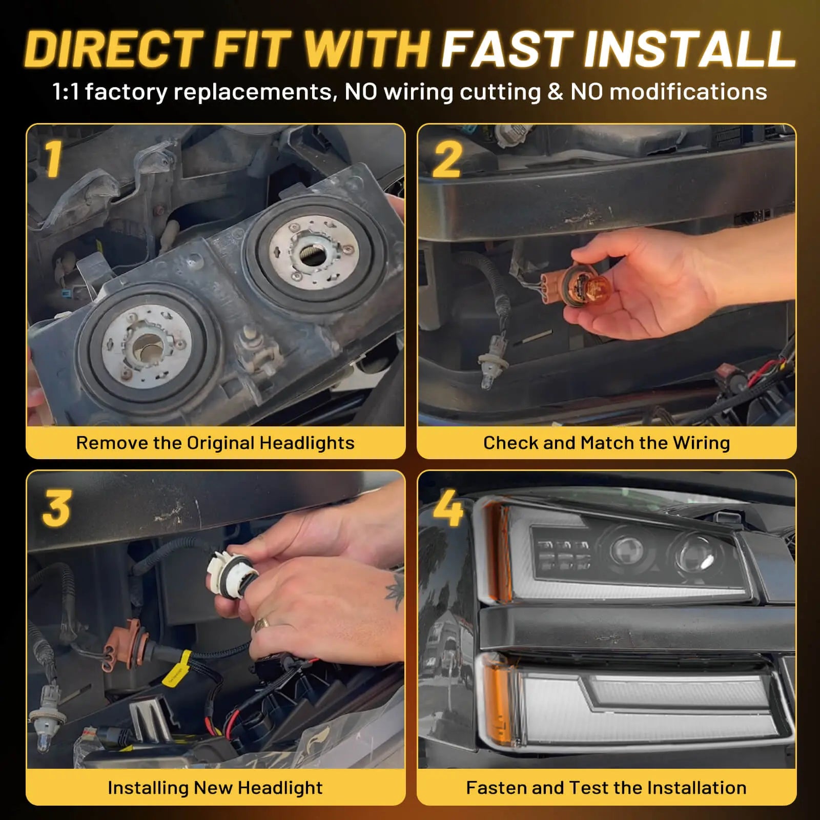 Direct fit, plug-and-play installation for 2003-2006 Chevy Silverado headlights, showing no wire cutting.