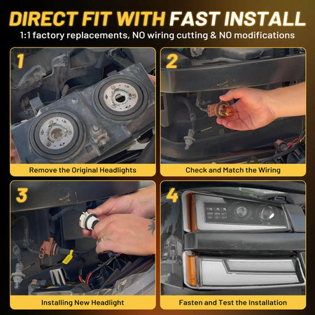Direct fit, plug-and-play installation for 2003-2006 Chevy Silverado headlights, showing no wire cutting.