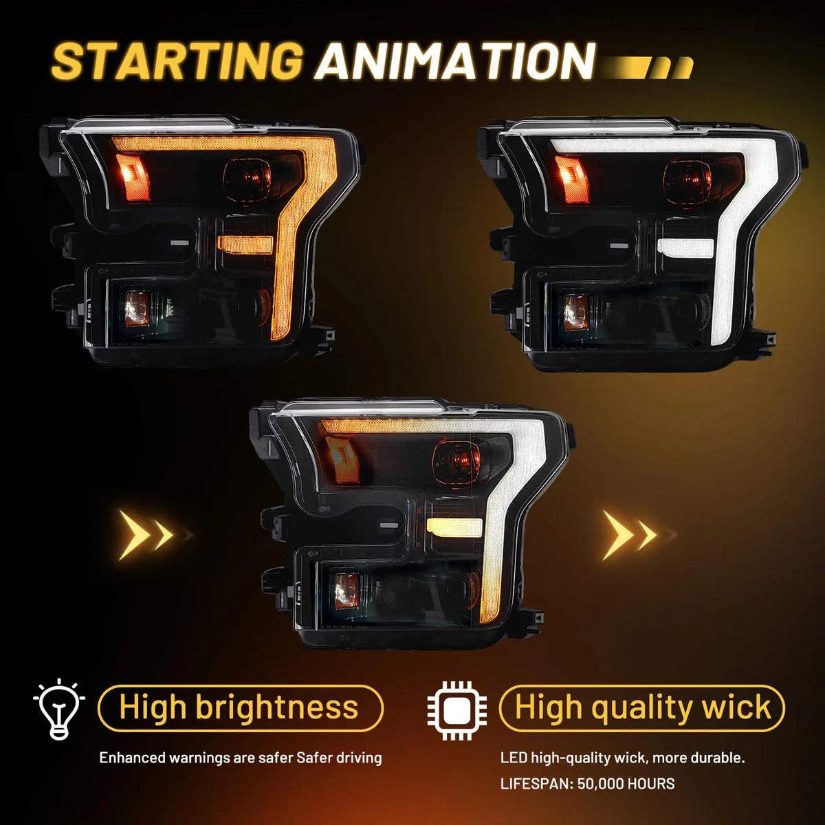 The startup animation sequence for the 2015-2017 F-150 headlights, which uses high-quality wicks for enhanced brightness and 50,000-hour lifespan.