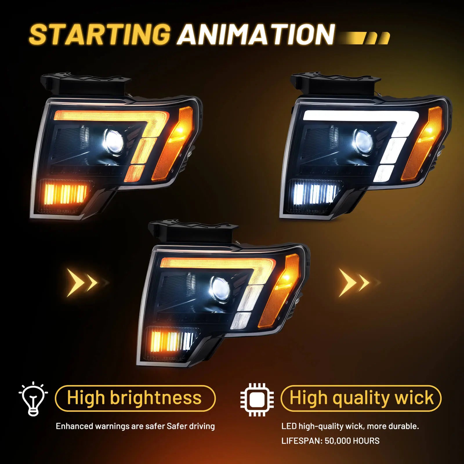 Featuring the startup animation of this ford f150 headlight assembly, which uses a high-quality, 50,000-hour LED wick for enhanced brightness and durability.
