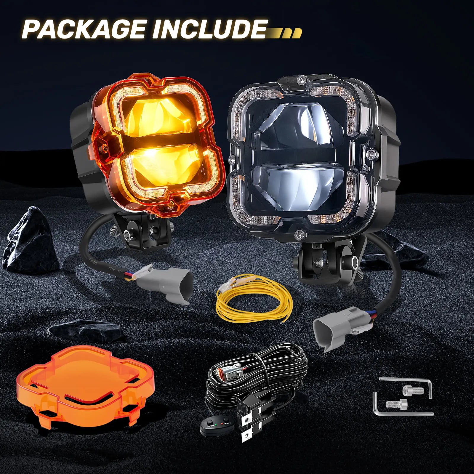 4.5In 172W LED Light Pods, Offroad Square Driving Light with Ring Style Amber DRL, 270° Wide Range Super Bright Side Shooter White Hyper Spot Beam Universal Lights with Amber Covers-2PCS | Hawkglow
