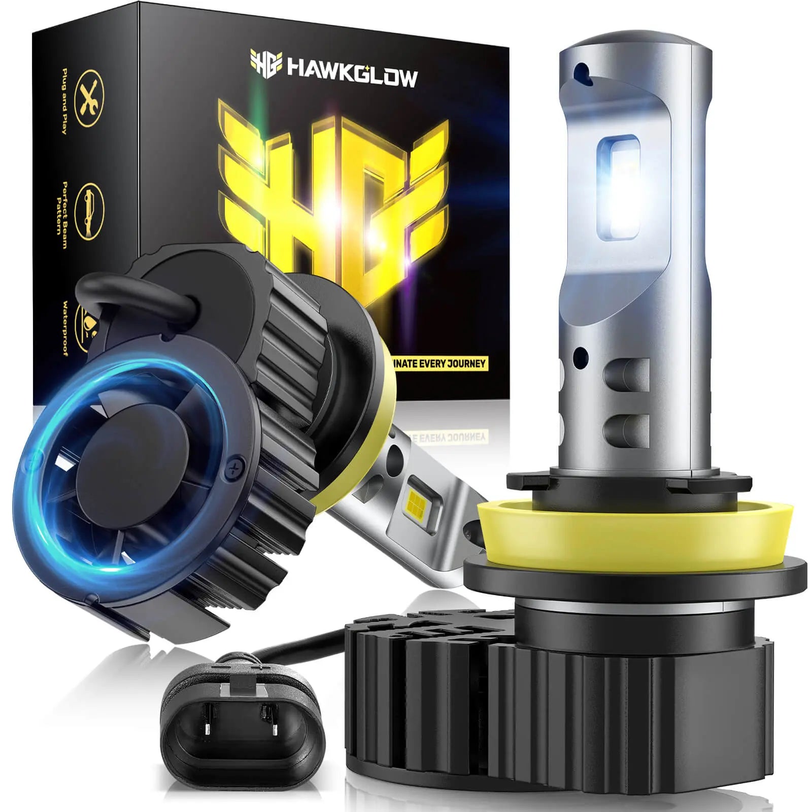 M9F 9005/HB3 9006/HB4 H11/H8/H9 H7 70W 6500K White 20000LM IP68 LED Headlight Bulbs 2 Pcs | Hawkglow Perfect Fit Design