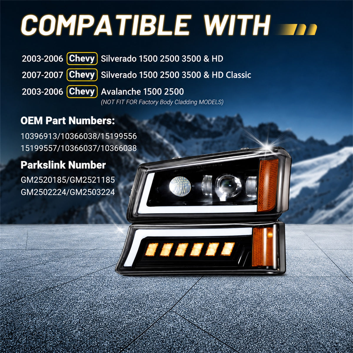 A pair of black LED bumper light assemblies displayed against a blue mountain backdrop with text listing compatible Chevy Silverado and Avalanche models, OEM part numbers, and Parkslink numbers.