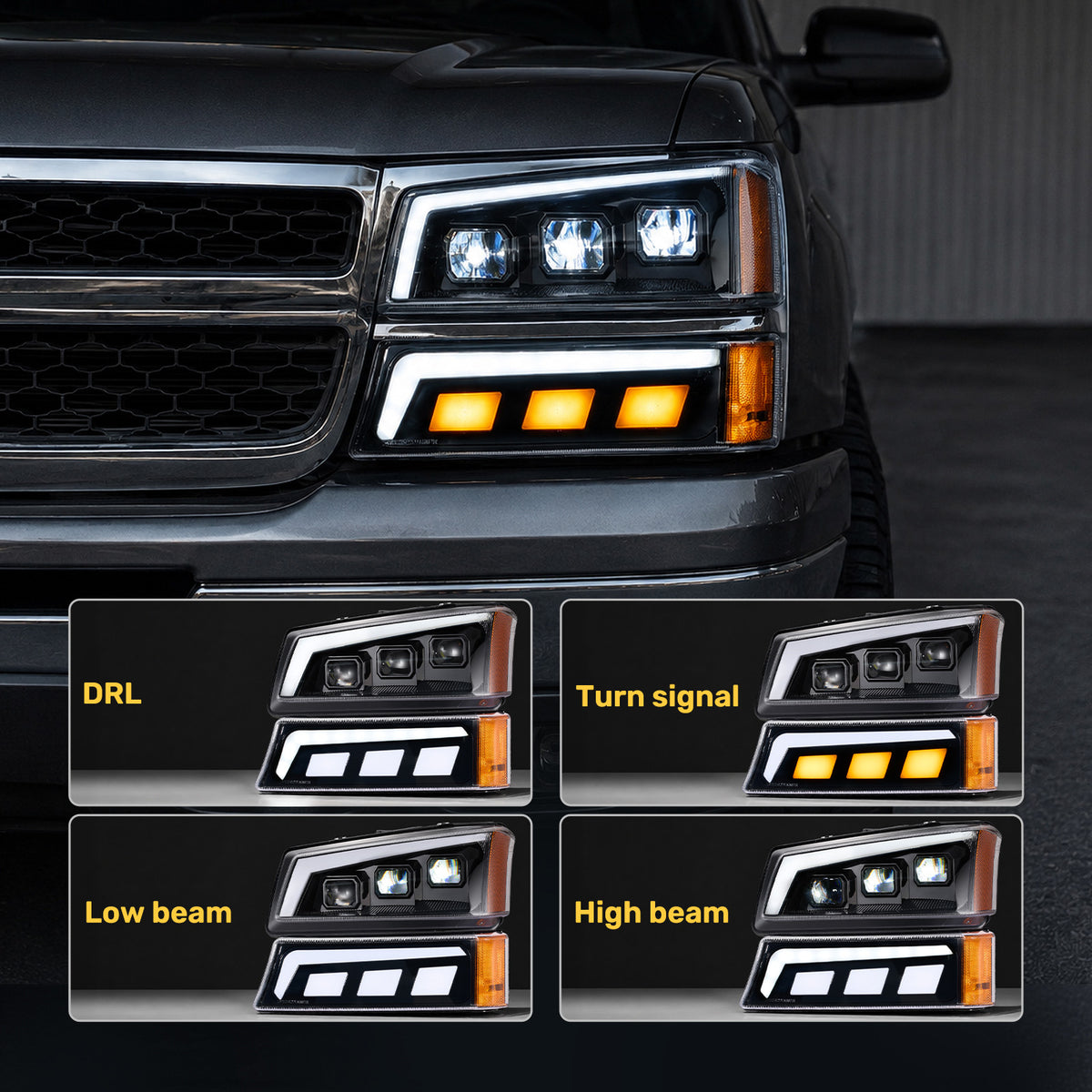 For 2003-2006 Chevy Silverado/Avalanche 1500 Black LED Headlights Assembly Pair