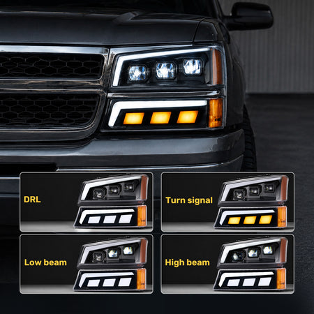 For 2003-2006 Chevy Silverado/Avalanche 1500 Black LED Headlights Assembly Pair