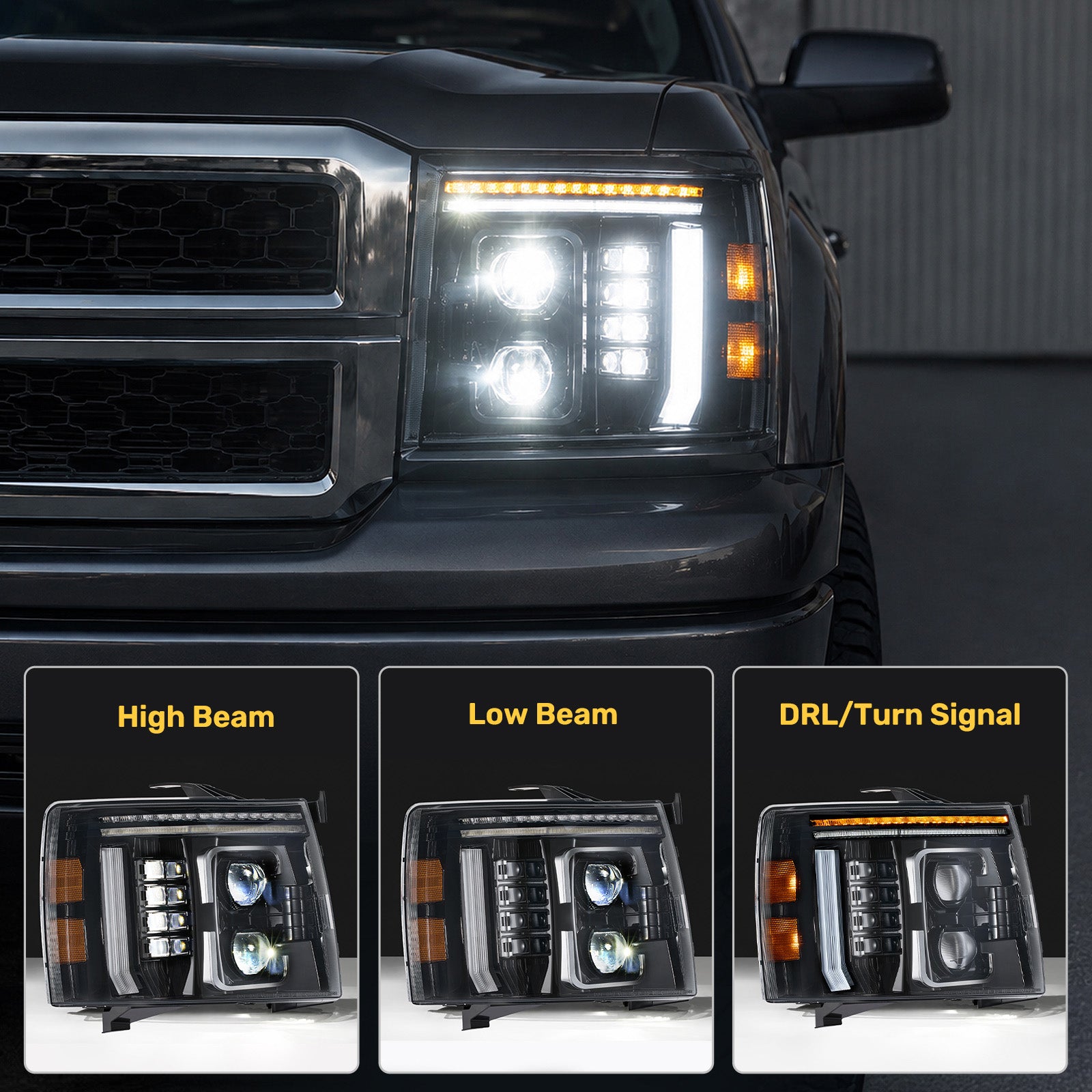For 2007-2013 Chevy Silverado 1500 Black LED Headlights Assembly Pair