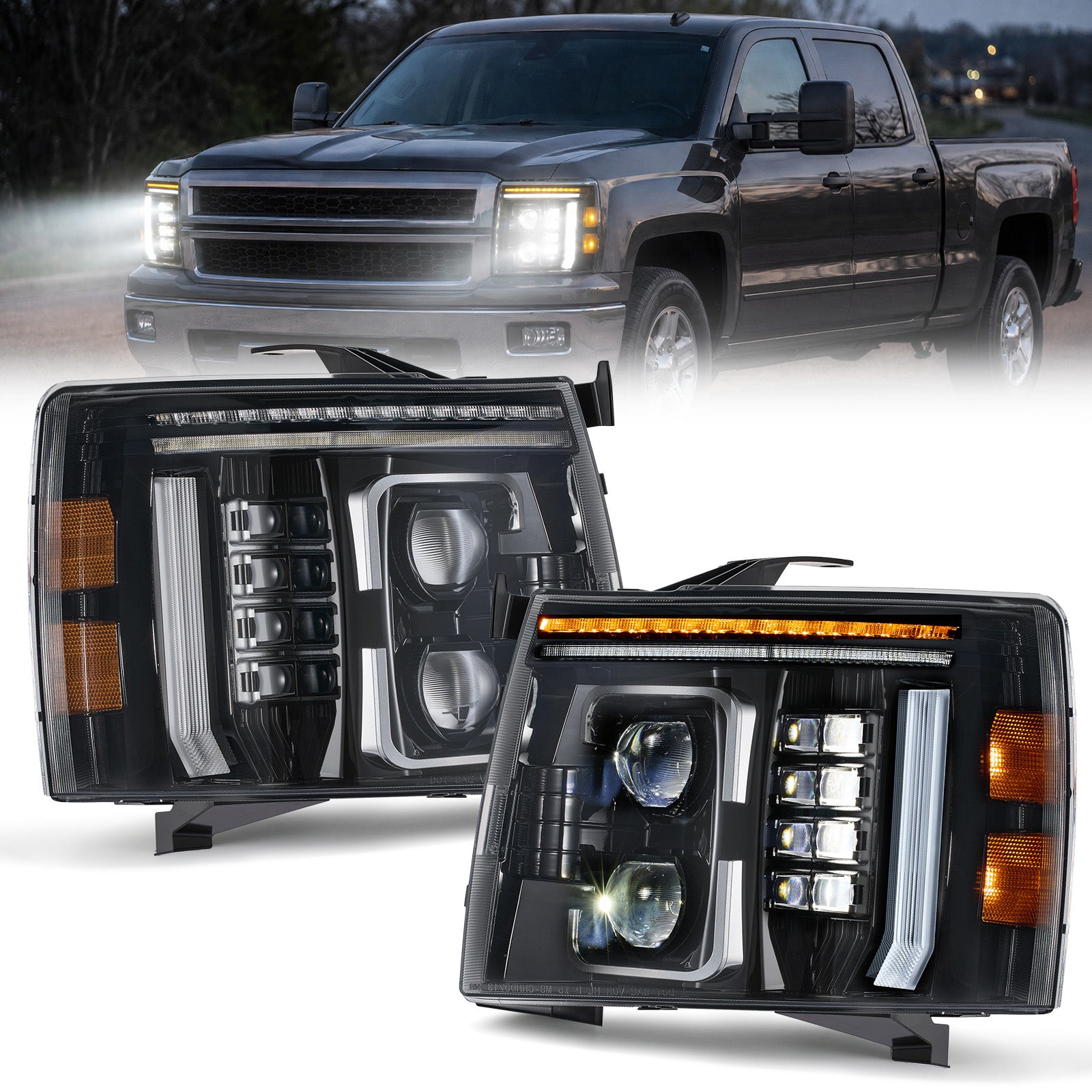 For 2007-2013 Chevy Silverado 1500 Black LED Headlights Assembly Pair