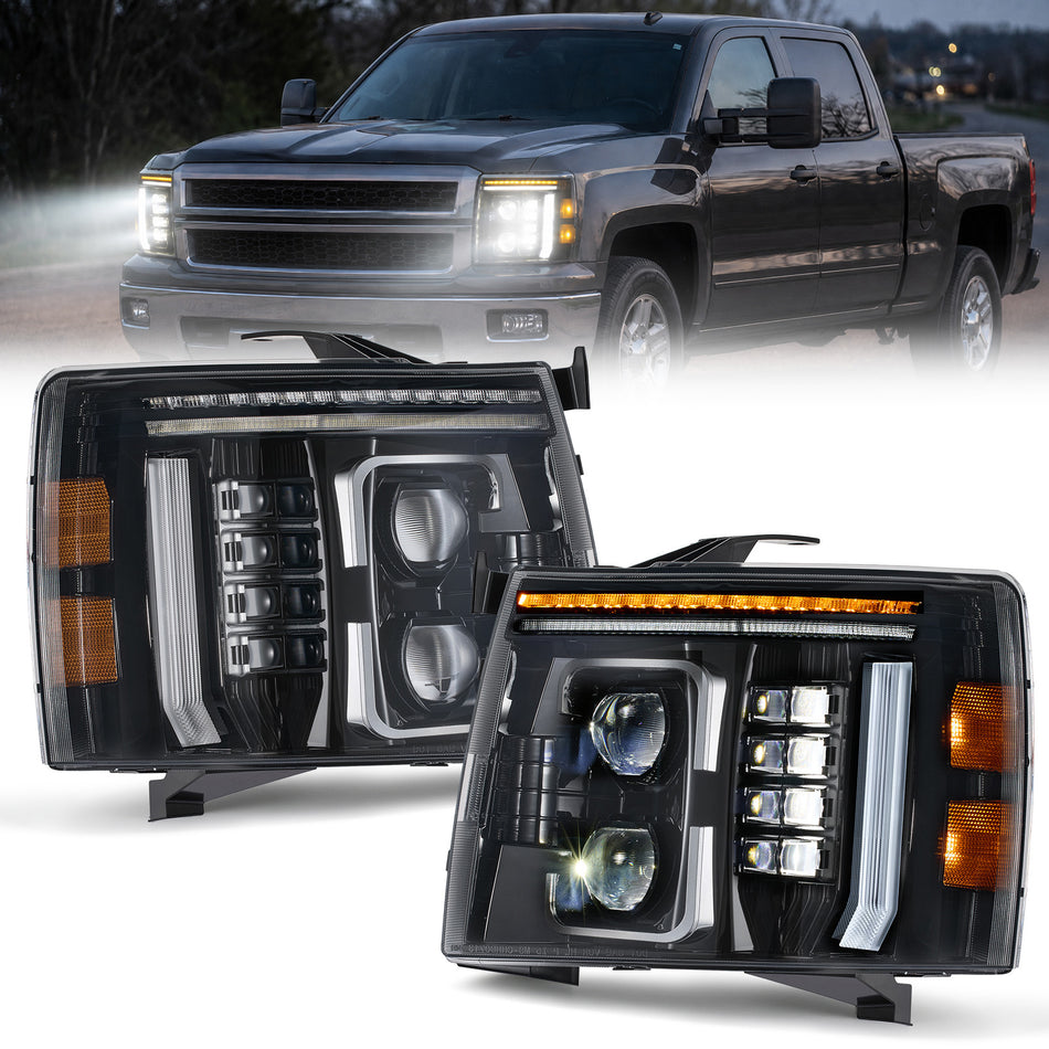 For 2007-2013 Chevy Silverado 1500 Black LED Headlights Assembly Pair