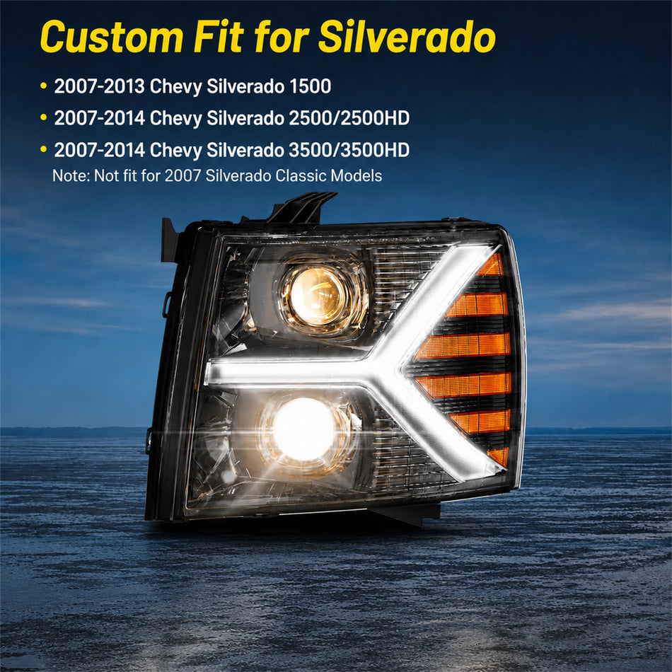 For 2007-2014 Chevy Silverado Black Headlight Assembly Pair