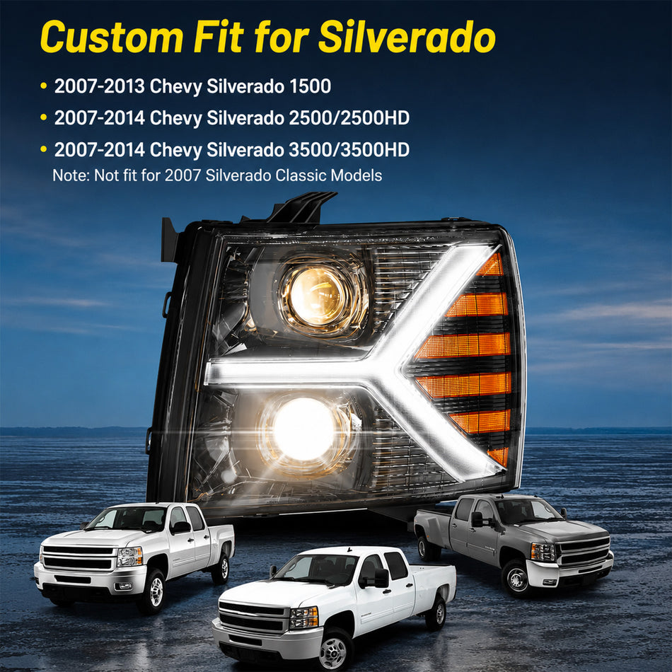 For 2007-2013 Chevy Silverado Black Headlight Assembly Pair