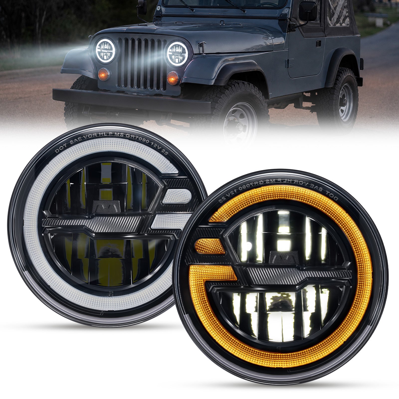 For 2007-2014 Jeep Wrangler 7 Inch Gradient Halo LED Headlights Assembly Pair