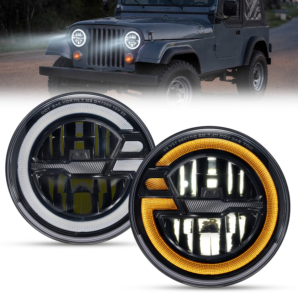 For 2007-2014 Jeep Wrangler 7 Inch Gradient Halo LED Headlights Assembly Pair