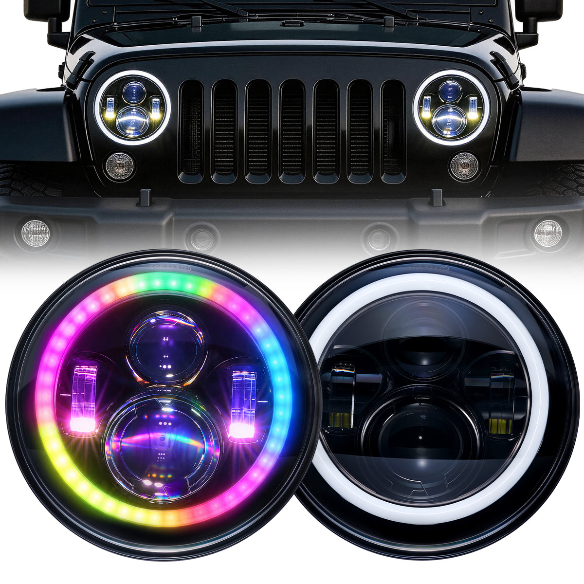 For 2007-2014 Jeep Wrangler 7 Inch RGB Chasing Halo Headlights Assembly Pair