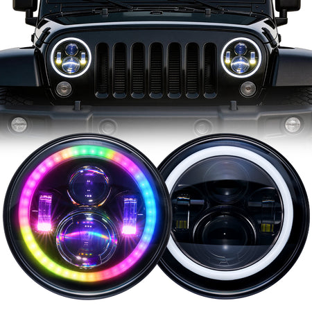For 2007-2014 Jeep Wrangler 7 Inch RGB Chasing Halo Headlights Assembly Pair