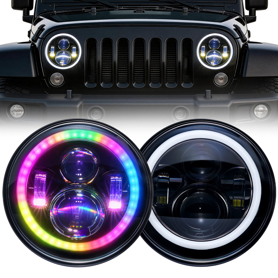 For 2007-2014 Jeep Wrangler 7 Inch RGB Chasing Halo Headlights Assembly Pair