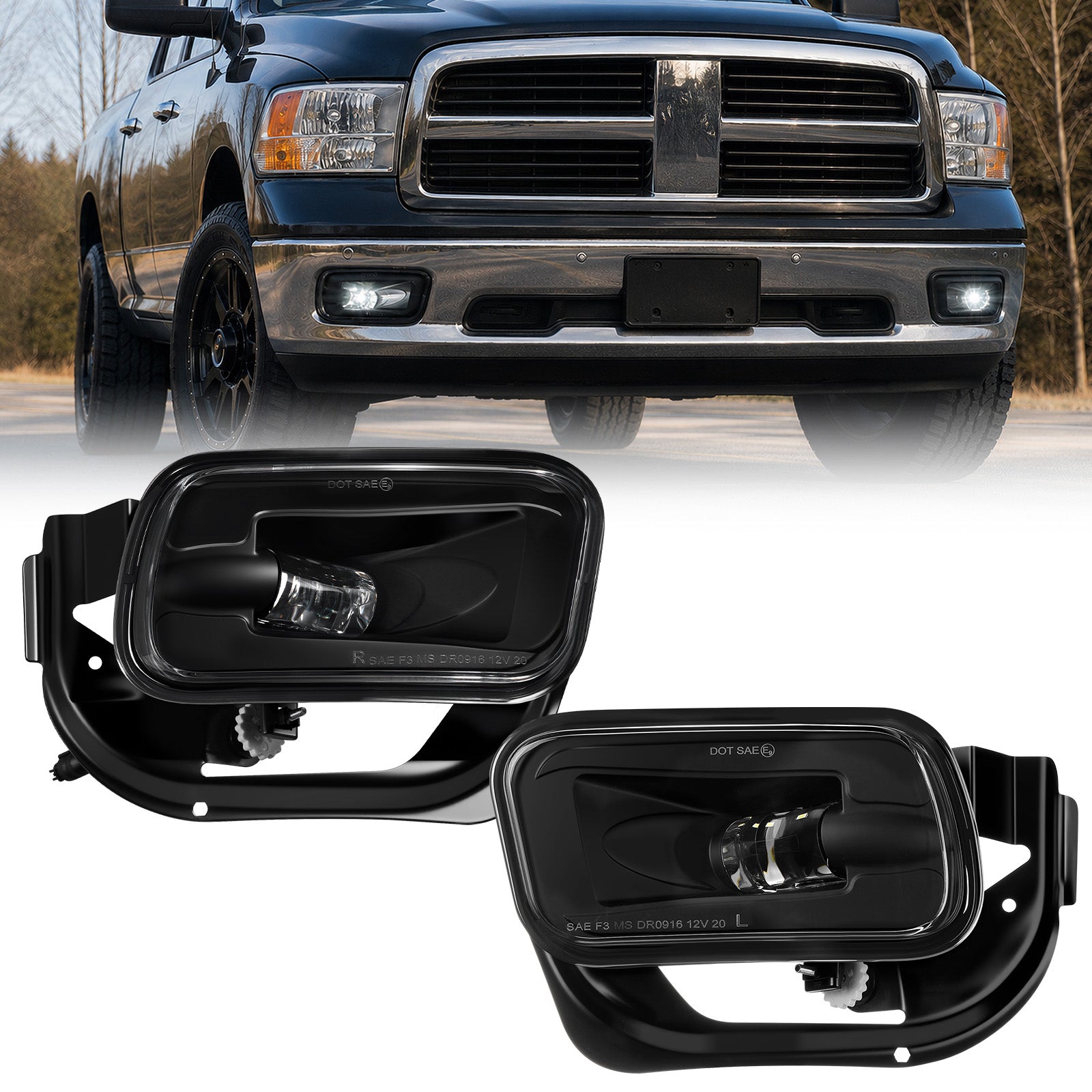 For 2009-2012 Dodge Ram 1500 Black LED Fog Lights Assembly Pair