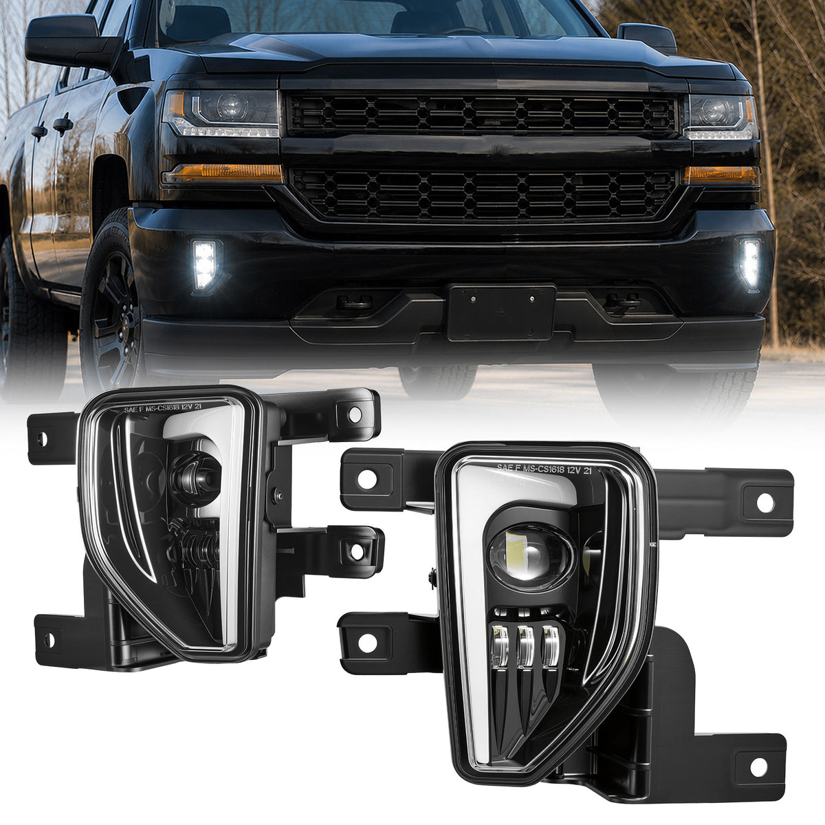 For 2016-2018 Chevy Silverado 1500 Black LED Fog Lights Assembly Pair