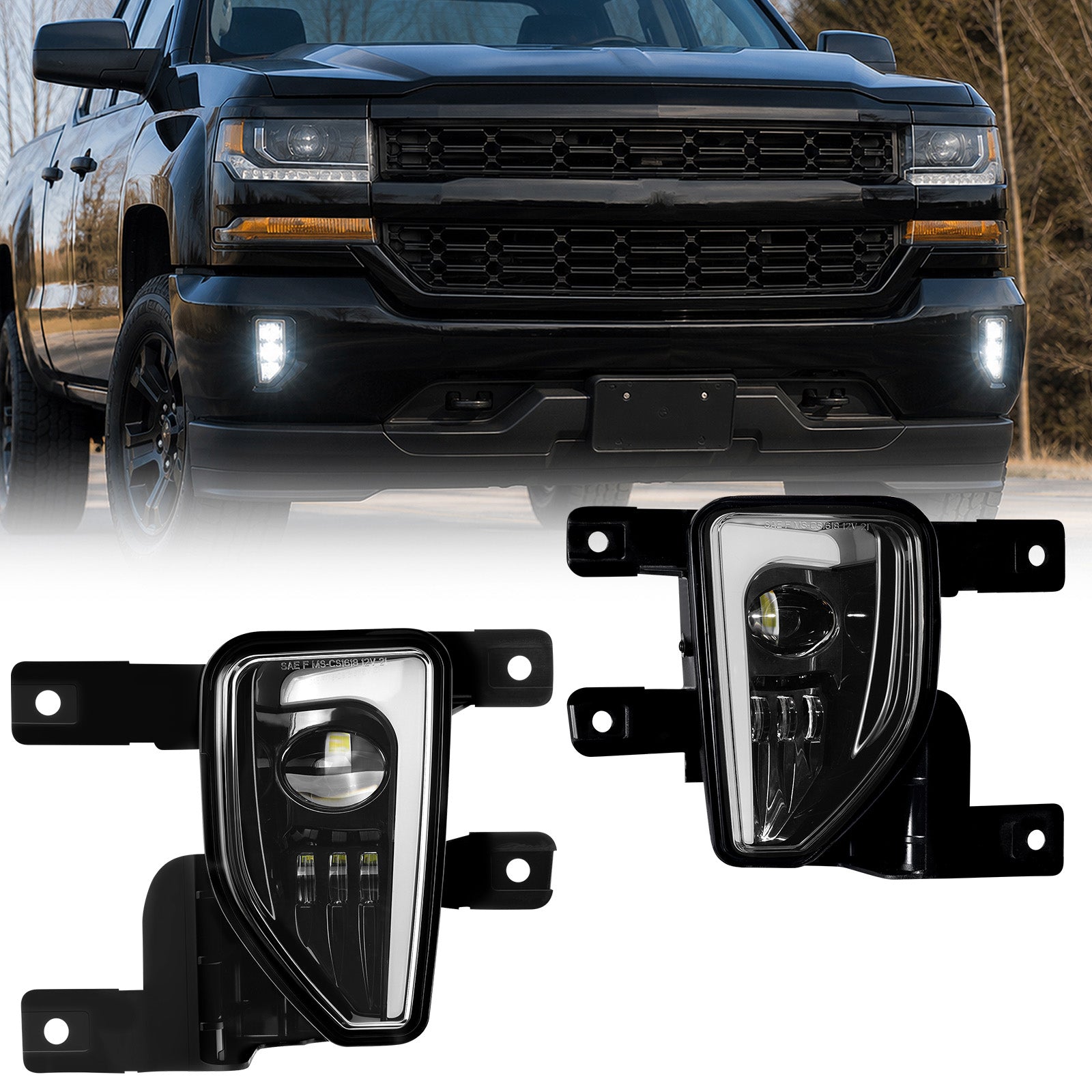 For 2016-2018 Chevy Silverado 1500 Black LED Fog Lights Assembly Pair