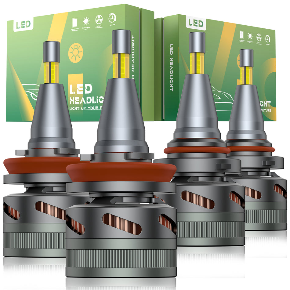 V6 3-Color Temp 9005/HB3 H11/H8/H9 LED Headlight Bulbs 150W 360° Full Illumination 2 Pairs